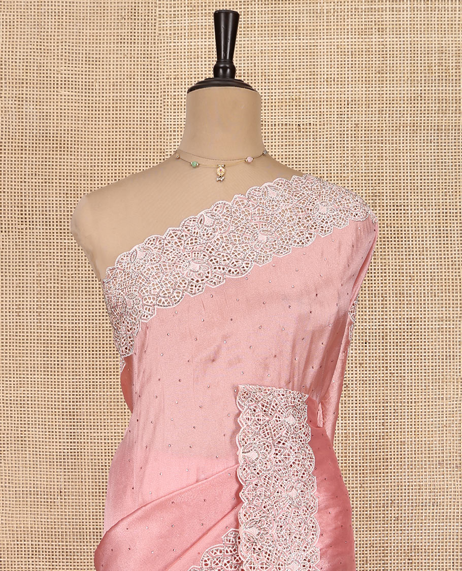 Pale Pink Designer Saree, Bedecked with Stonework, Scallop-Cut Work Border, Self Pallu, and Matching Blouse