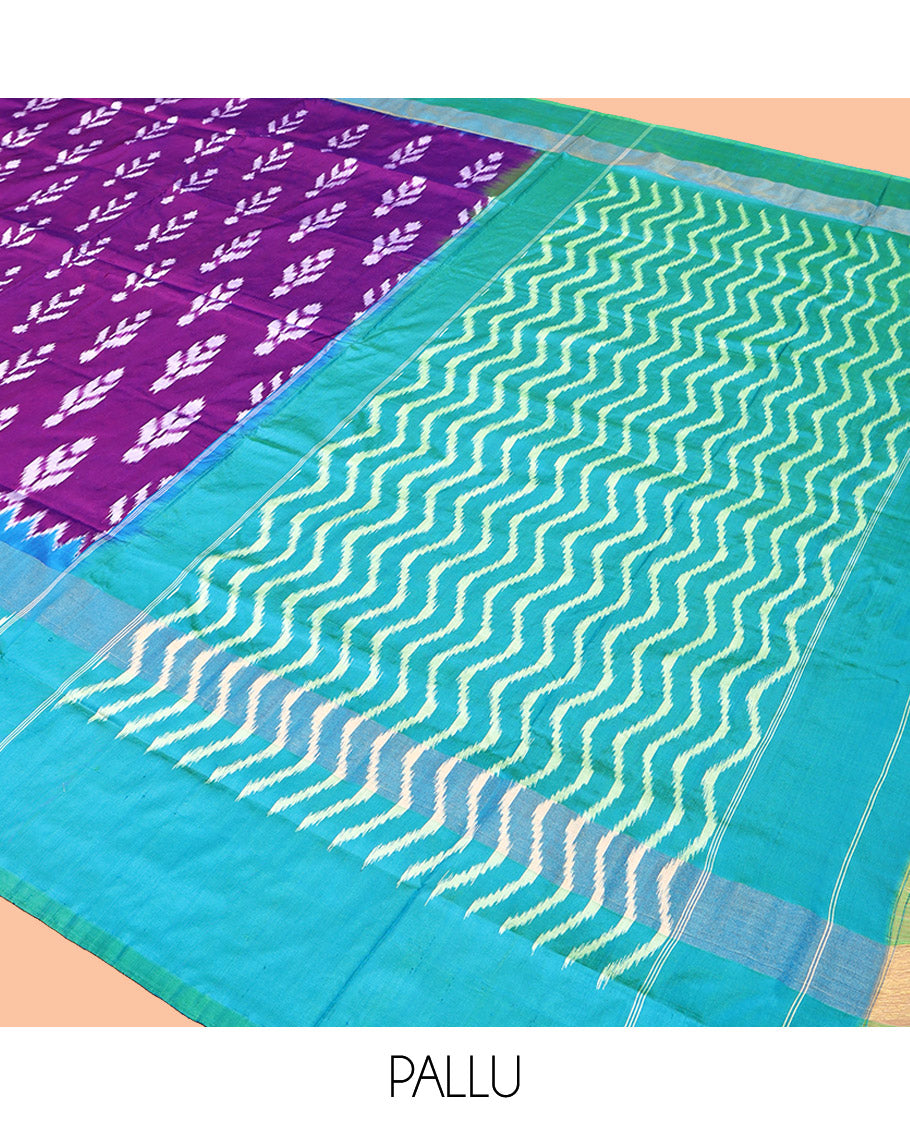 Purple Pochampally Ikat Silk Saree, Embellished with Ikat Buttas, Complemented by a Contrast Chevron-Striped Border, Ikat Chevron Pallu, and a Contrast Blouse