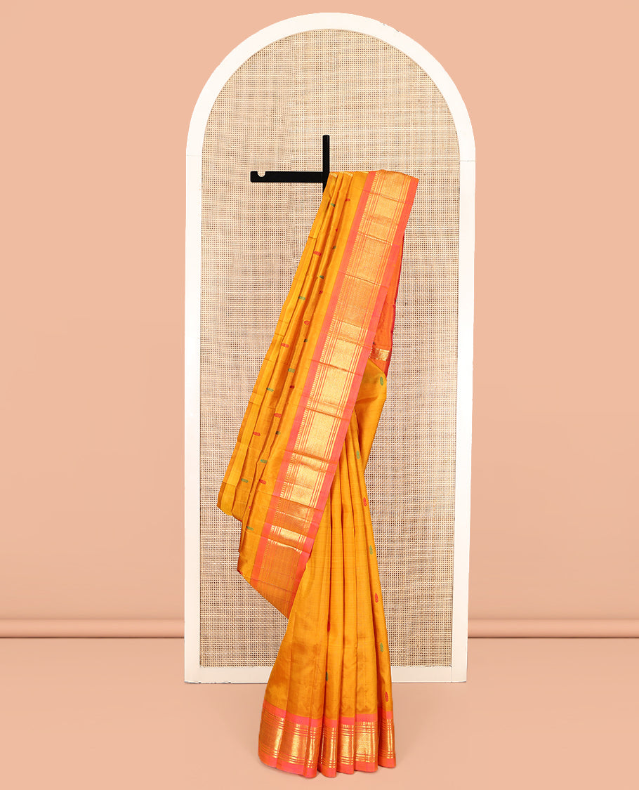 Orange Kanchipuram Silk Saree, Woven with Thread Buttas, Contrast One-Sided Border of Panner Sombu, Banaras, Muthu, and Jaal Designs, Zari Design Pallu, and No Blouse
