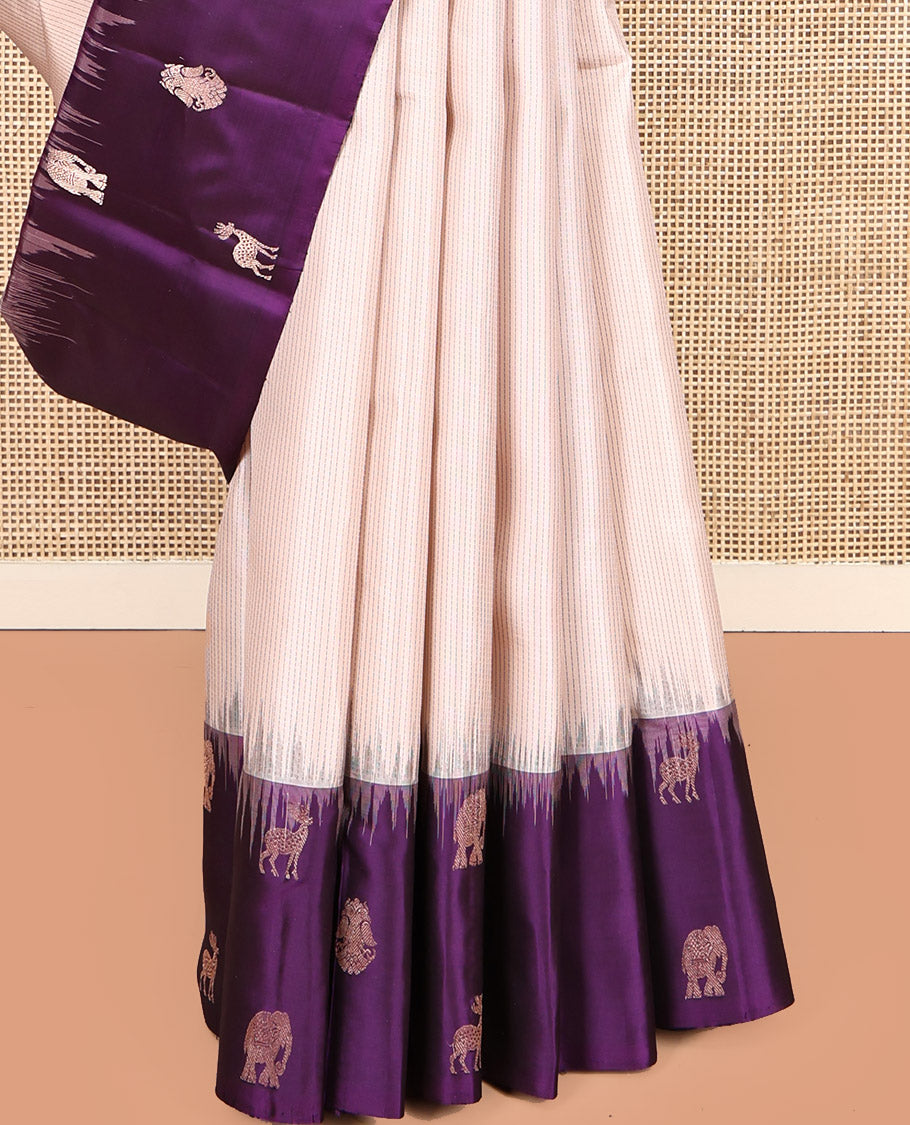 Off-White Kanchipuram Silk Saree, Sparsely Woven with Stripes, Complemented by a Contrast Border Features Yaanai, Maan, and Iruthalai Pakshi, Jaal Pallu, and a Contrast Blouse