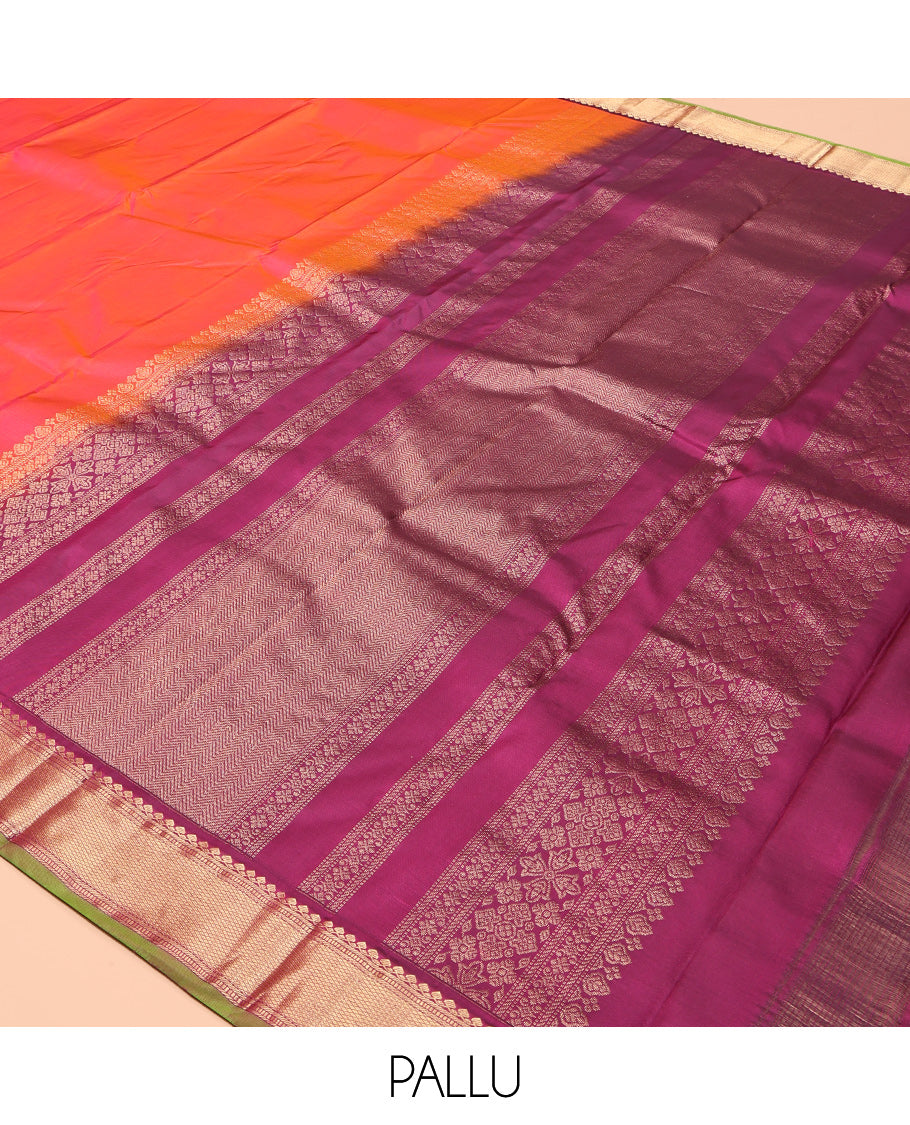 Orange Plain Kanchipuram Silk Saree, a Contrast Border of Thilakam Mokku, Banaras, Muthu, and Mayil Kann Designs, Intricately Patterned Pallu, and a Contrast Blouse