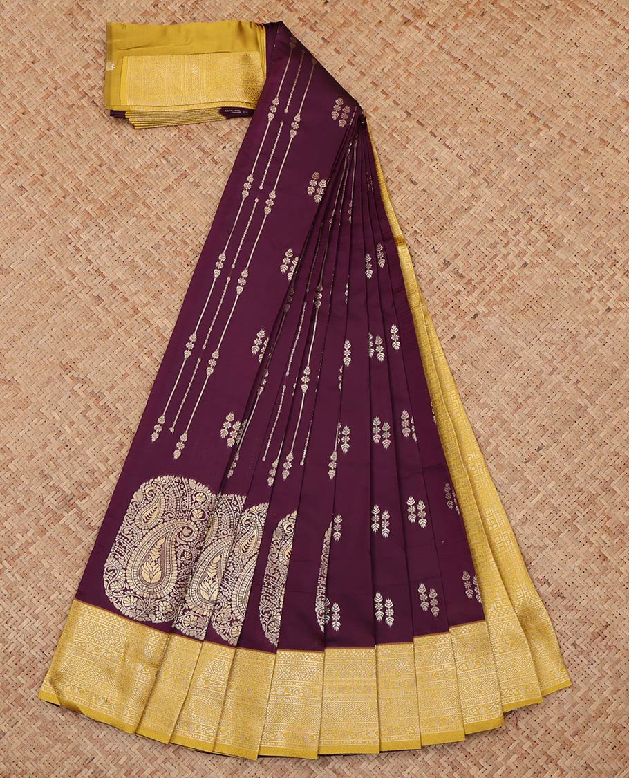 Brown Litchi Saree, Mesmerized with Zari Buttas, a Contrast Traditional Zari Border, Grand Pallu, and a Contrast Blouse