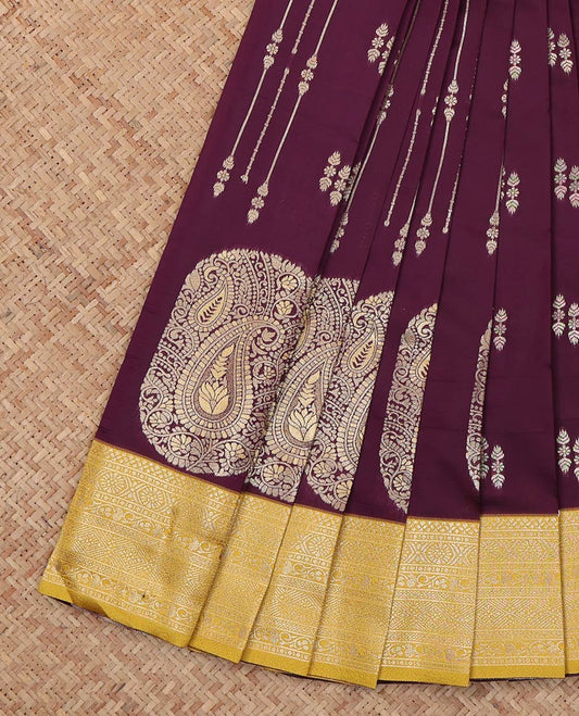 Brown Litchi Saree, Mesmerized with Zari Buttas, a Contrast Traditional Zari Border, Grand Pallu, and a Contrast Blouse