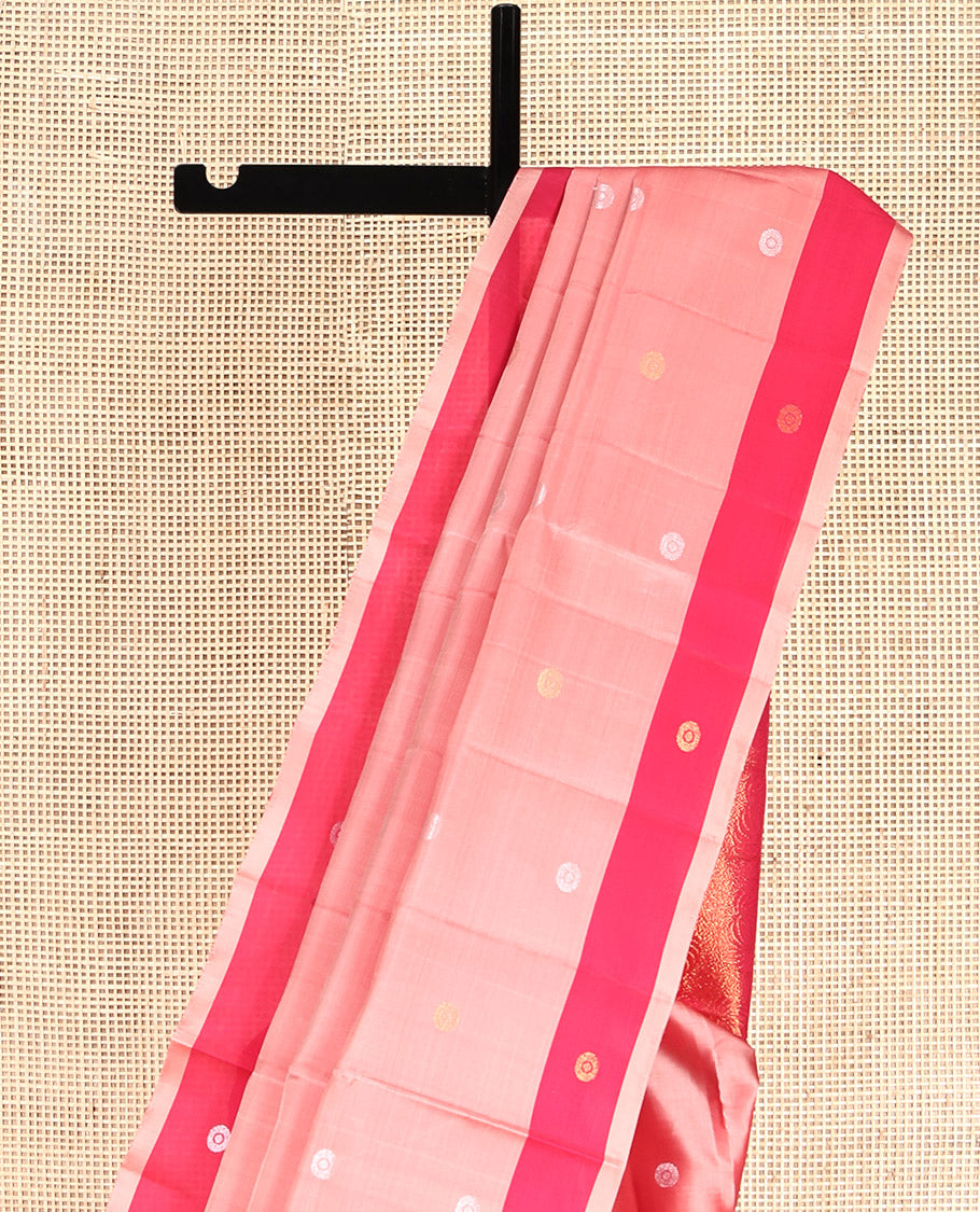 Peach Mayuri Lite Silk Mix Saree, Detailed with Zari Buttas, Complemented by Contrast Zari Buttas Border, Intricate Pallu, and a Contrast Blouse