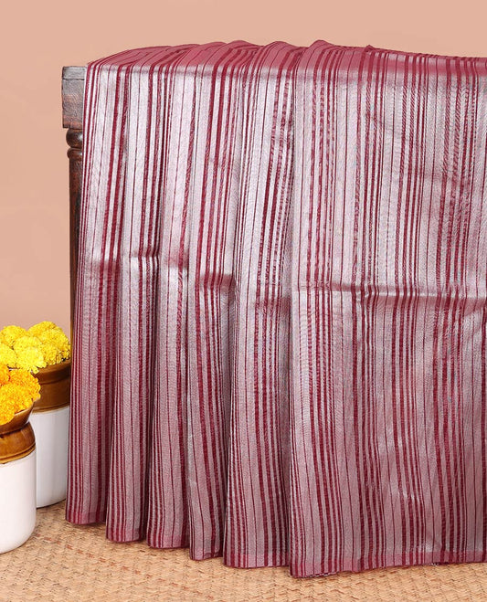 Wine lehariya design crush tissue saree with self border & chit pallu along with striped silver blouse