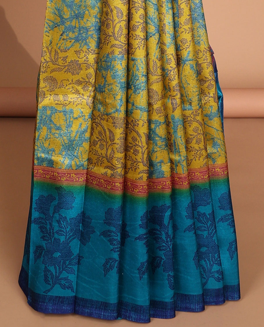 Yellow discharge print crackle silk saree with contrast border & discharge negetive print blouse
