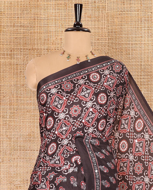 Brown Ajrakh style printed with mirror work masakali saree, printed border, intricately printed pallu, and a matching printed blouse