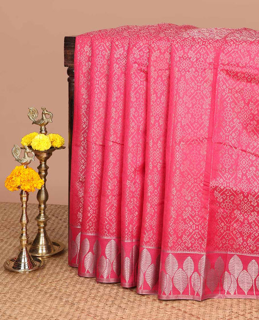 Pink Jacqard weaving brocade design semi tussar saree with gold zari leaf border & cheer pallu