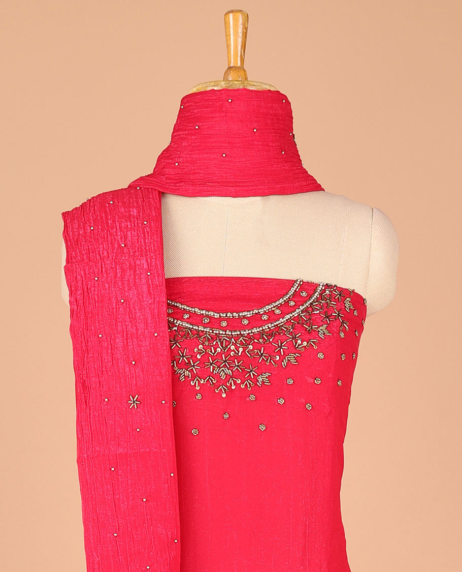 Red chiffon chudidhar material set  gold hanwork top with santoon bottom