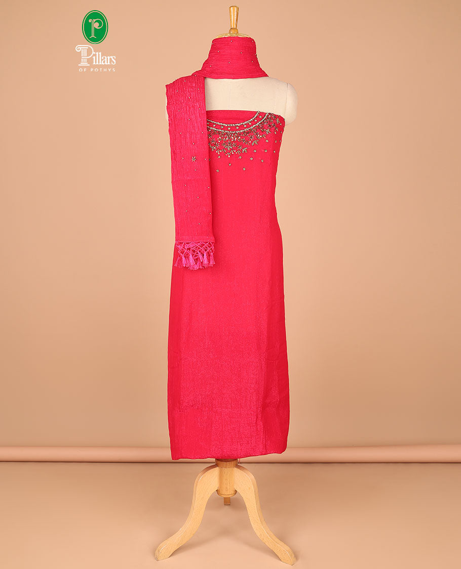 Red chiffon chudidhar material set  gold hanwork top with santoon bottom