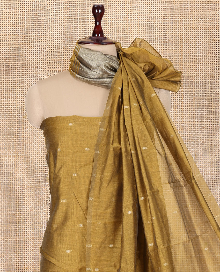 Mustard Banarasi Chanderi Material Churidar, Crafted with Buttas Top, a Plain Bottom, and a Matching Dupatta