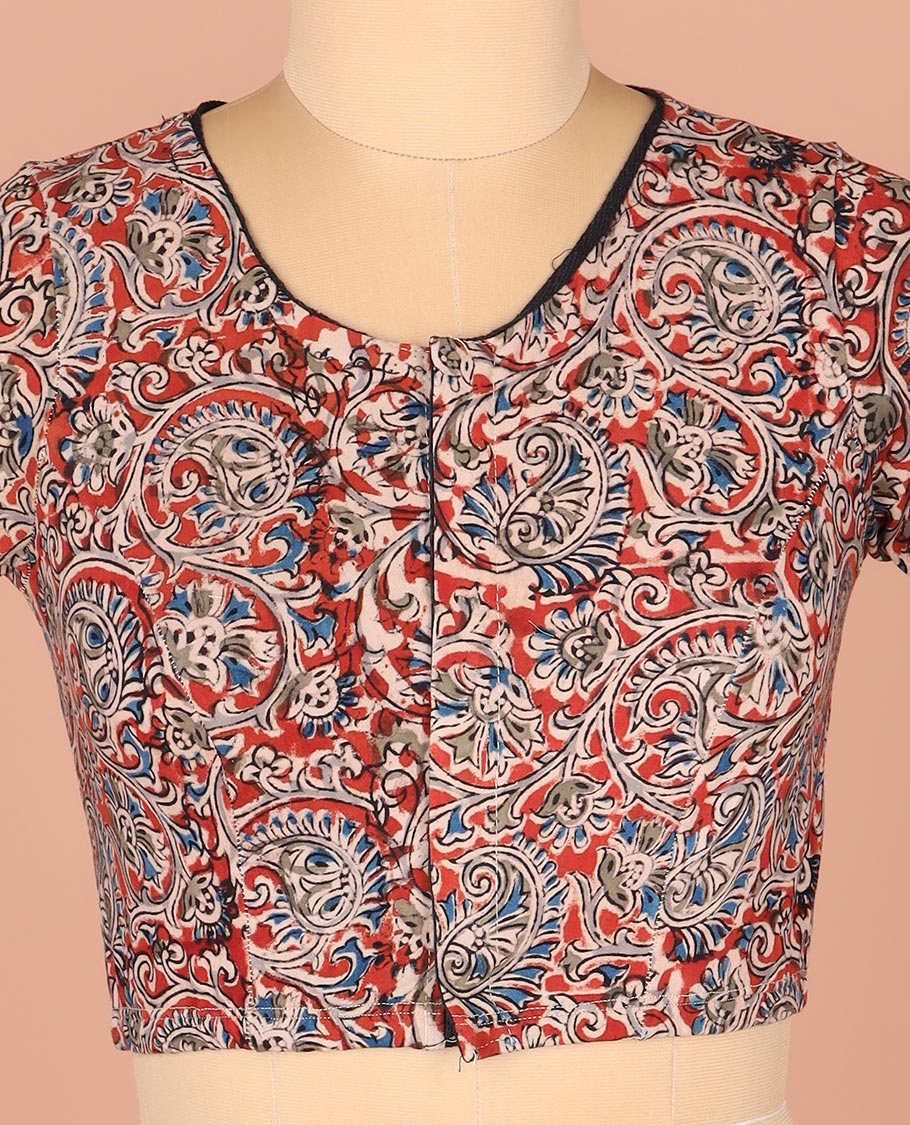 Red Readymade Blouse Finely Detailed with Floral-Paisley Motifs Print, Featuring Front Round Neck, Back Closed Neck, and Elbow Sleeves