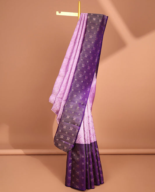 Lavender checked design samudrika silk saree with contrast zari design border & checked zari design pallu