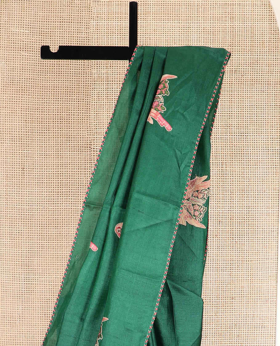 Borderless dark green macaw parrot motifs multi-colored thread embroidered tussar saree
