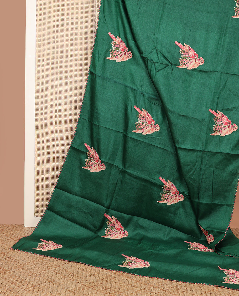 Borderless dark green macaw parrot motifs multi-colored thread embroidered tussar saree