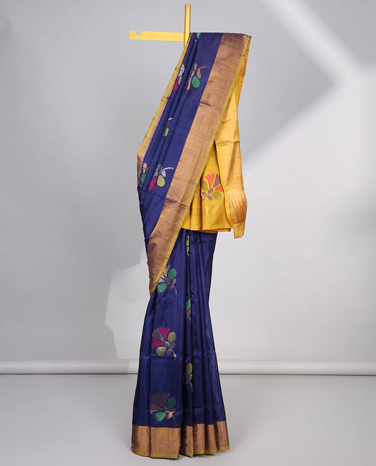 Blue floral buttas uppada silk saree with contrast plain border & floral design pallu