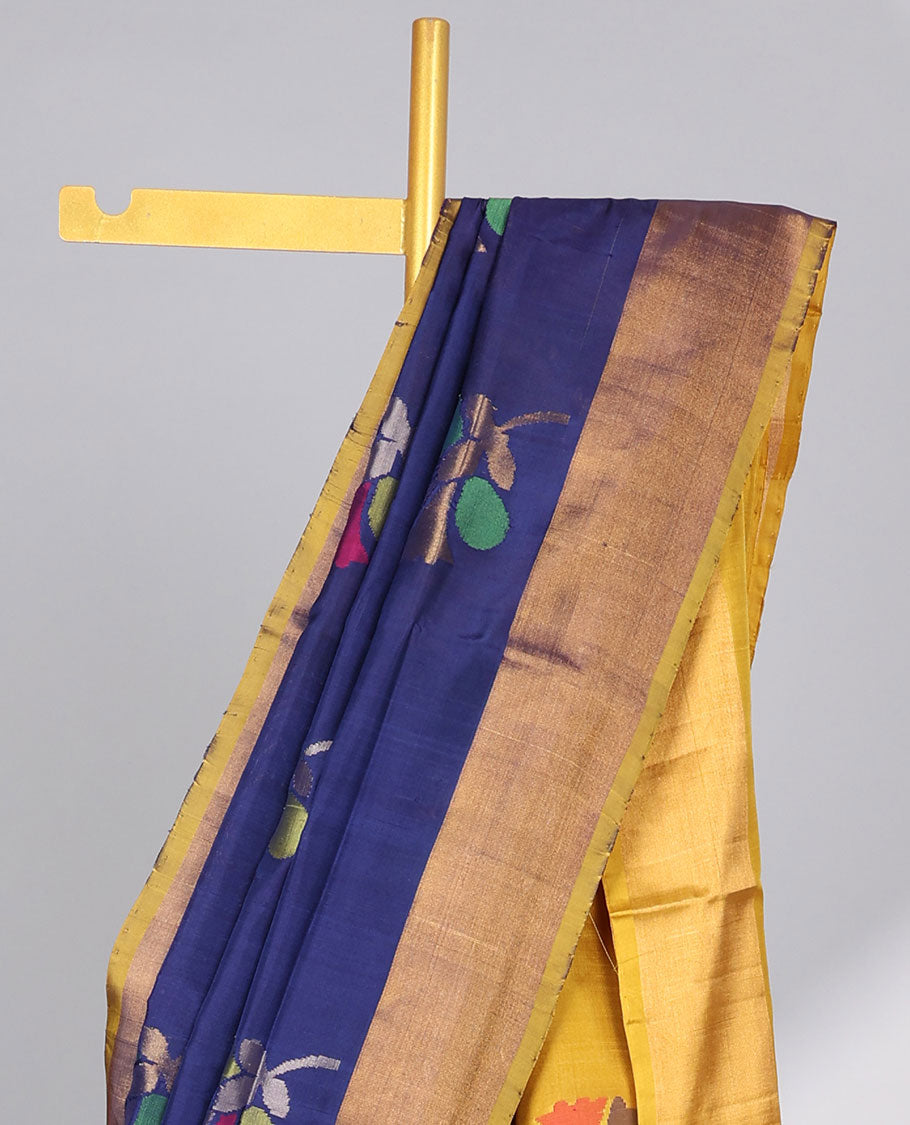 Blue floral buttas uppada silk saree with contrast plain border & floral design pallu