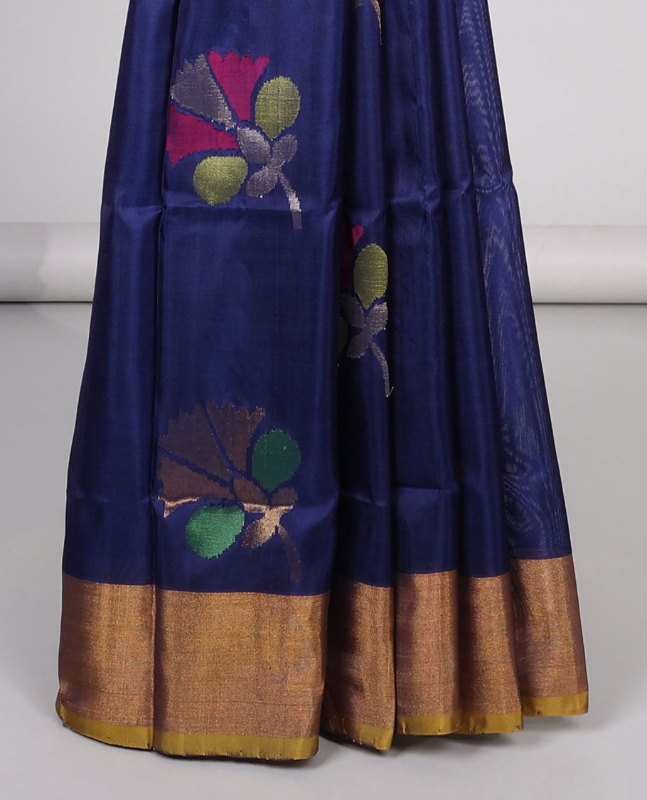 Blue floral buttas uppada silk saree with contrast plain border & floral design pallu
