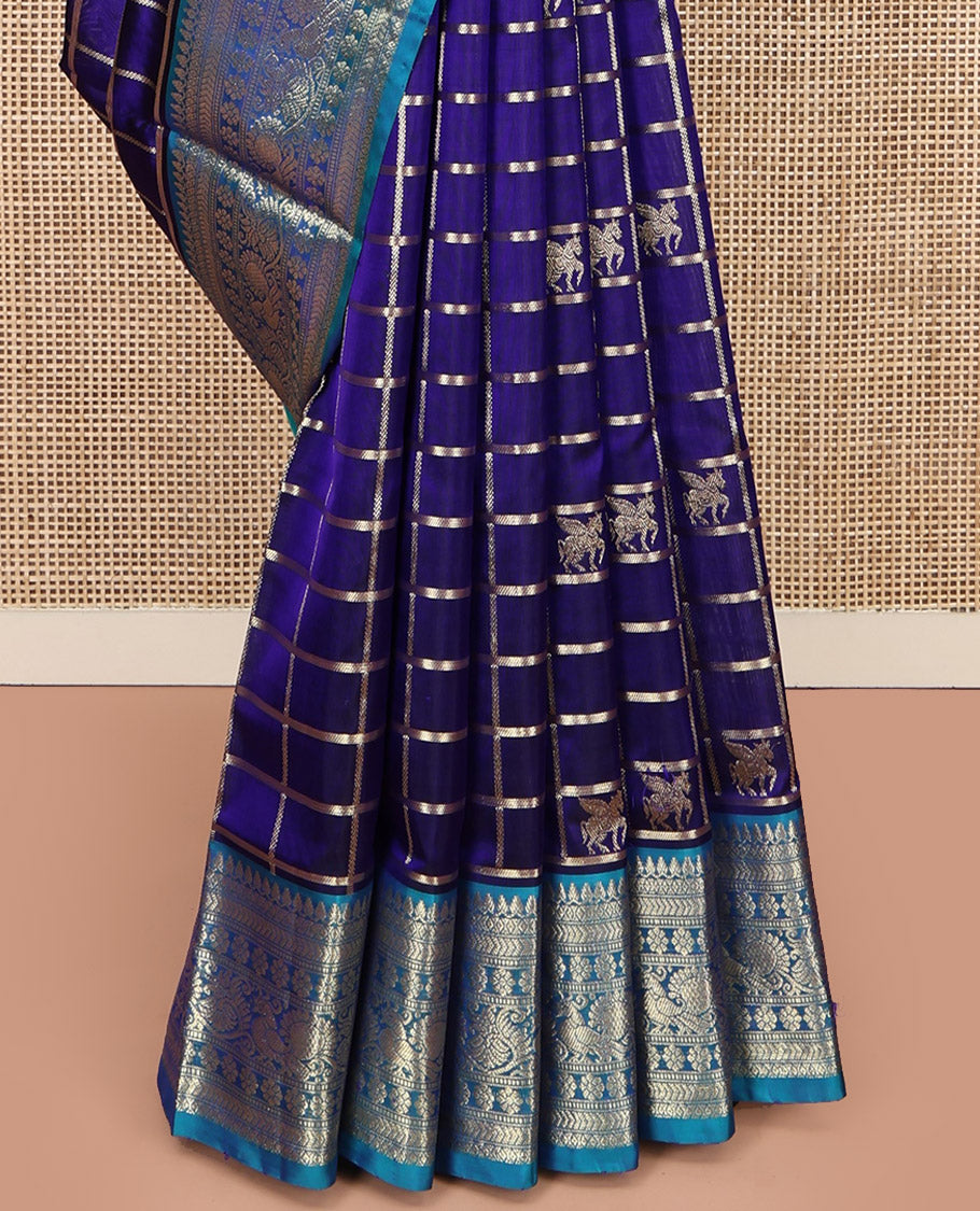 Blue Venkatagiri Silk Saree, Gleamed Up with Zari Butta Enclosed Checks All Over Its Body, Complemented by a Contrast Traditional Zari Design Border, Pallu of Traditional Designs, and Paired with a Contrast Blouse