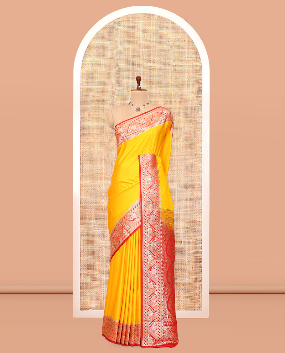 Yellow Plain Semi-Banaras Satin Silk Saree