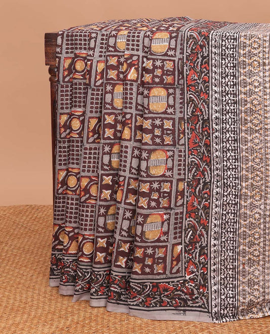 Grey geometric design mul mul cotton saree with self floral design border & floral design pallu