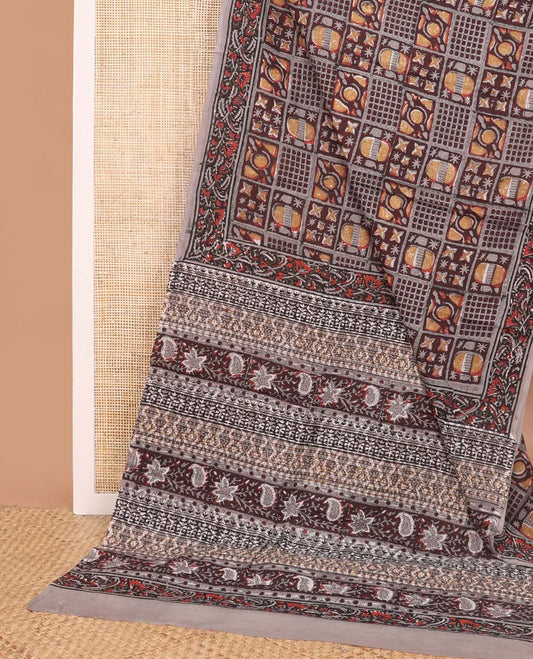 Grey geometric design mul mul cotton saree with self floral design border & floral design pallu