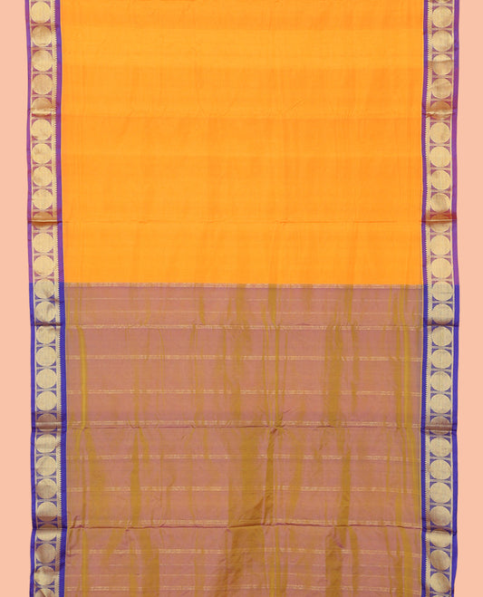 Orange Plain Nine-Yard Saree, Complemented by a Contrast Rudraksham Border, Self-Pallu of Stripes, and No Blouse