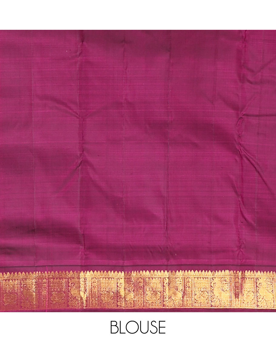 Sandal plain nine-yard silk saree, contrast border of thilakam mokku, neli, mayil and yaali designs, and zari design pallu