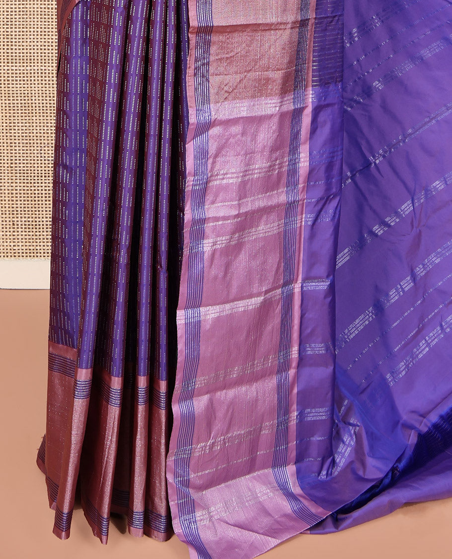 Violet Aarani Gift Saree, Steeped with Buttas on Its Body, Complemented by a Contrast Border, a Self-Pallu of Stripes, and Paired with a Matching Blouse