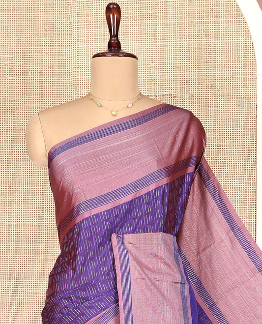 Violet Aarani Gift Saree, Steeped with Buttas on Its Body, Complemented by a Contrast Border, a Self-Pallu of Stripes, and Paired with a Matching Blouse