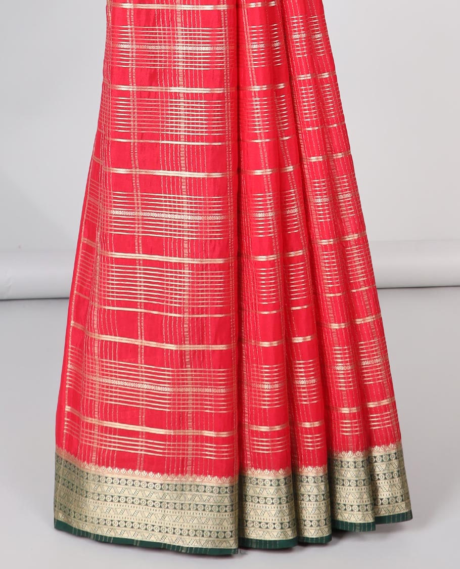 Red striped mysore silk saree with contrast traditional design border &  striped zari pallu