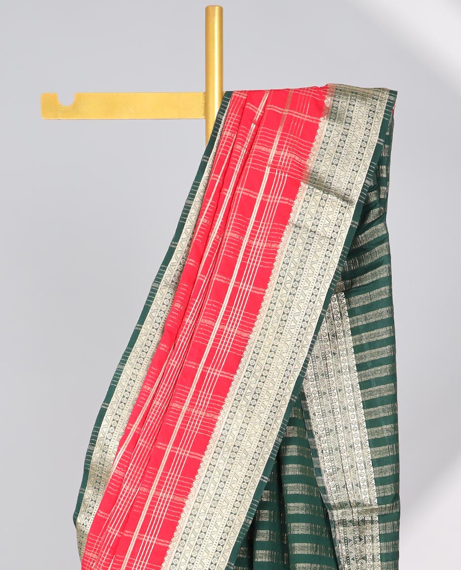 Red striped mysore silk saree with contrast traditional design border &  striped zari pallu