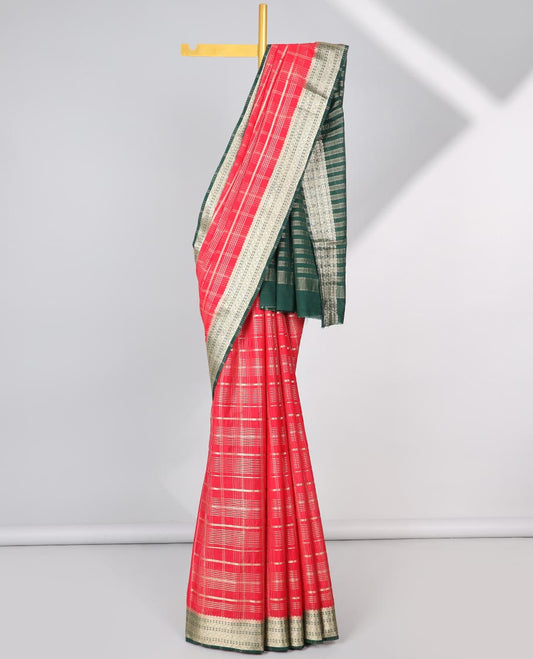 Red striped mysore silk saree with contrast traditional design border &  striped zari pallu