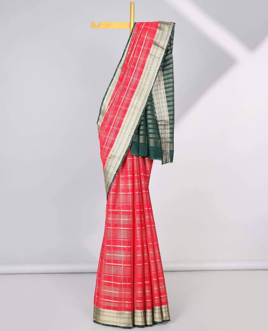 Red striped mysore silk saree with contrast traditional design border &  striped zari pallu