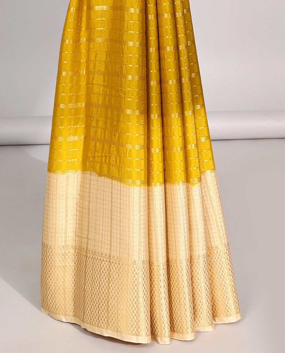 Yellow striped mysore silk saree with contrast intricate zari border & human motifs pallu