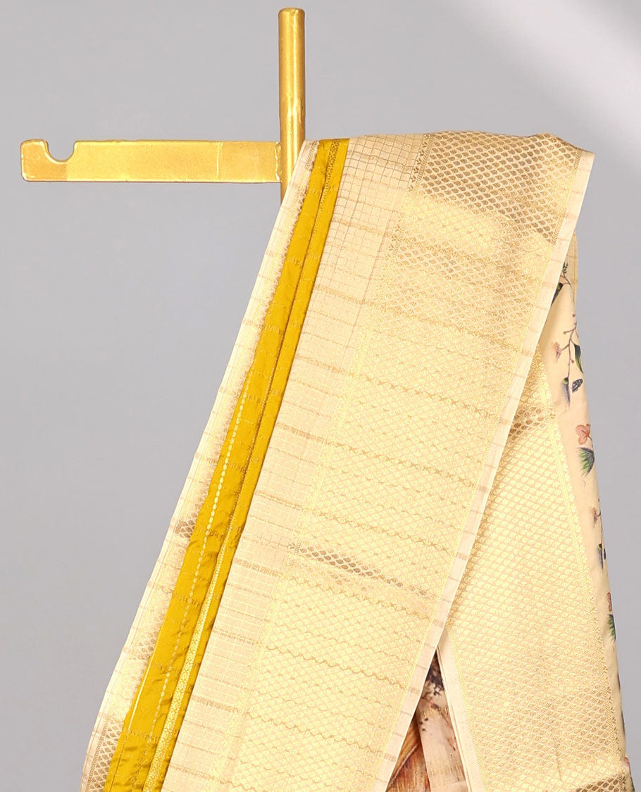 Yellow striped mysore silk saree with contrast intricate zari border & human motifs pallu