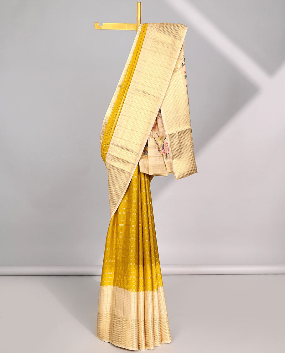 Yellow striped mysore silk saree with contrast intricate zari border & human motifs pallu