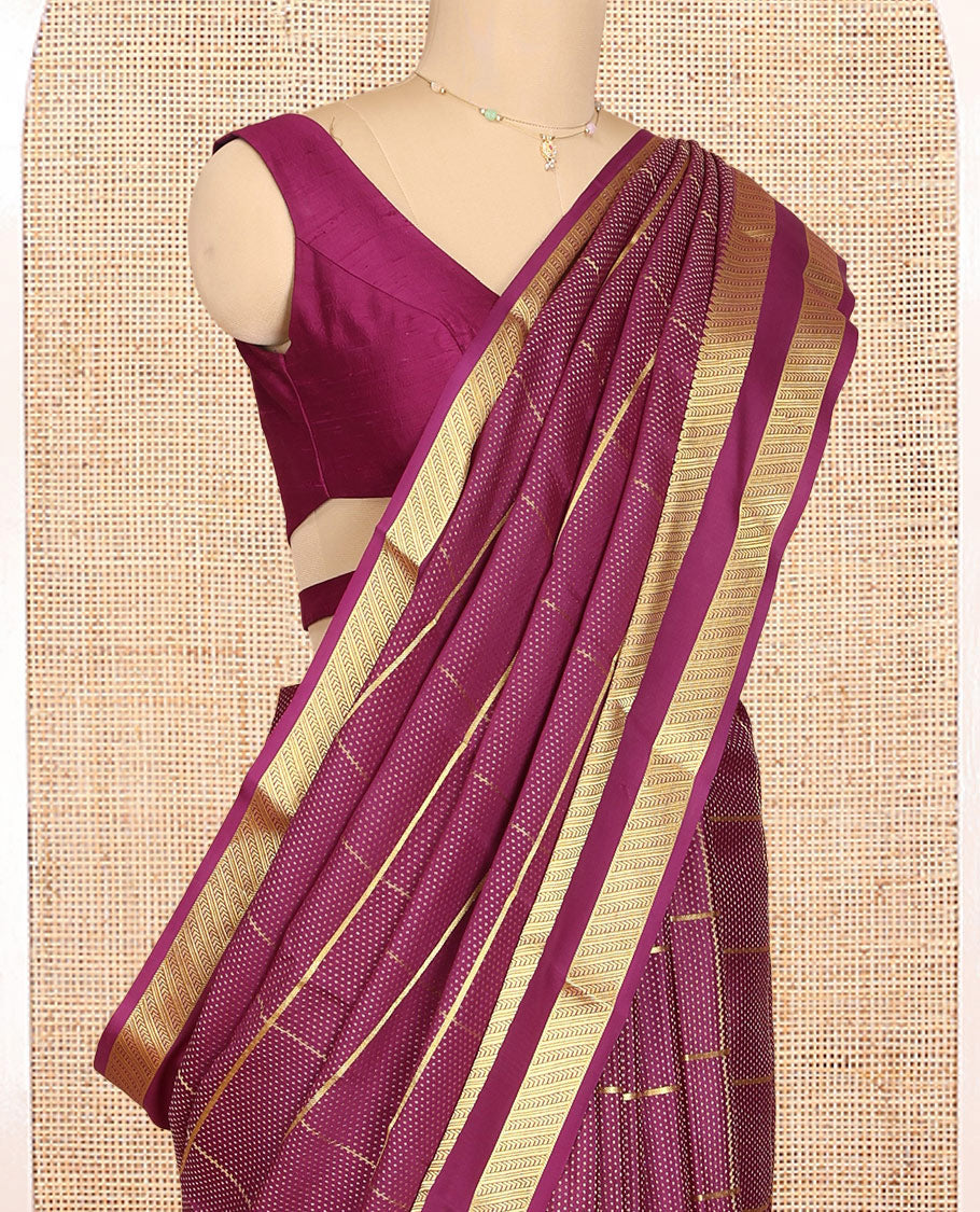 Magenta Mysore Silk Saree Features Checked Pattern, Complemented by Double-pet Zari Border, an Grand Pallu, and a Matching Blouse