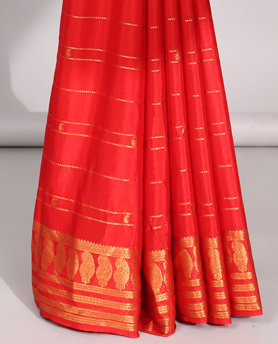 Red striped art mysore silk saree with self zari design border & striped zari pallu
