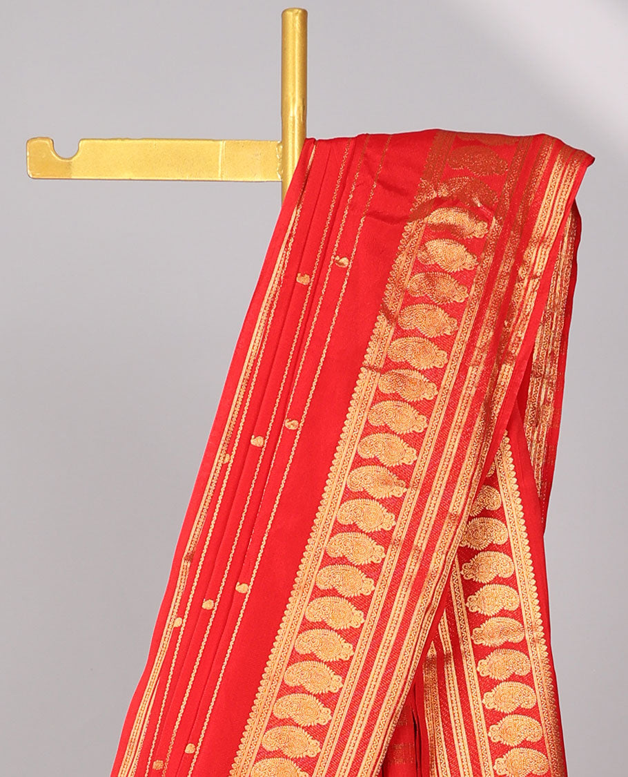 Red striped art mysore silk saree with self zari design border & striped zari pallu
