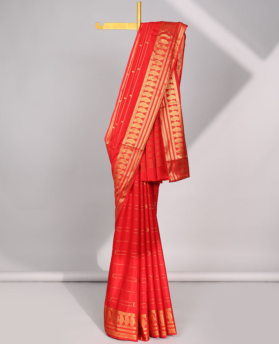 Red striped art mysore silk saree with self zari design border & striped zari pallu
