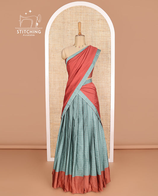 Blue checked design poly-cotton half saree with contrast border, plain blouse & plain, geometric design border dhavani