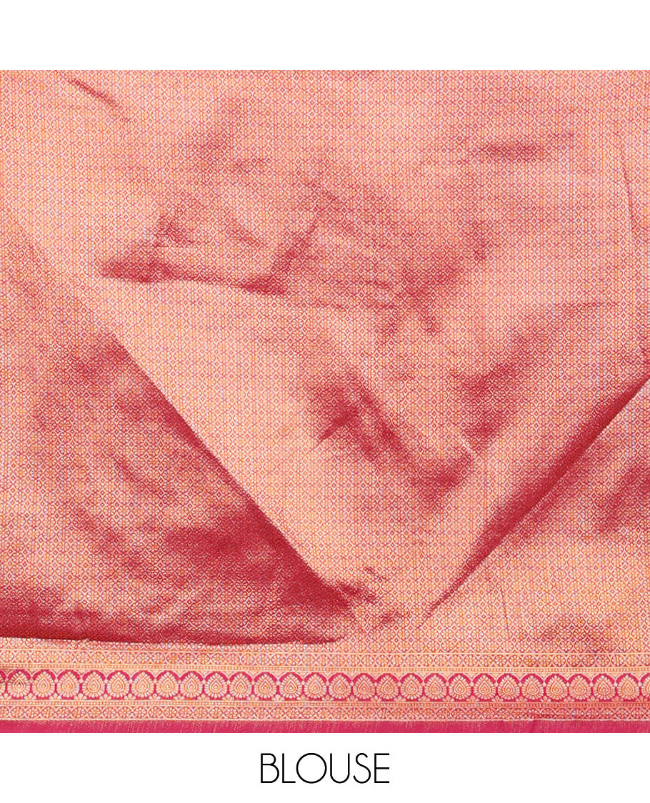 Gold-pink zari buttas half-saree with contrast Mughal-style unique motifs woven bordered skirt, brocade blouse, and a zari design dhavani