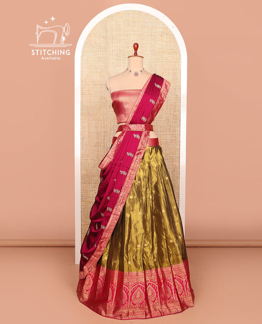 Gold-pink zari buttas half-saree with contrast Mughal-style unique motifs woven bordered skirt, brocade blouse, and a zari design dhavani