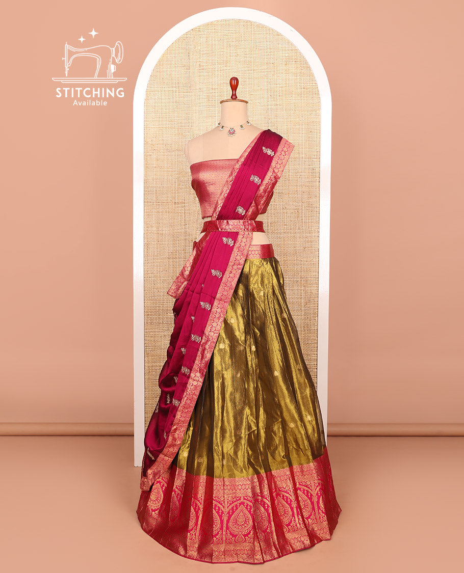 Gold-pink zari buttas half-saree with contrast Mughal-style unique motifs woven bordered skirt, brocade blouse, and a zari design dhavani
