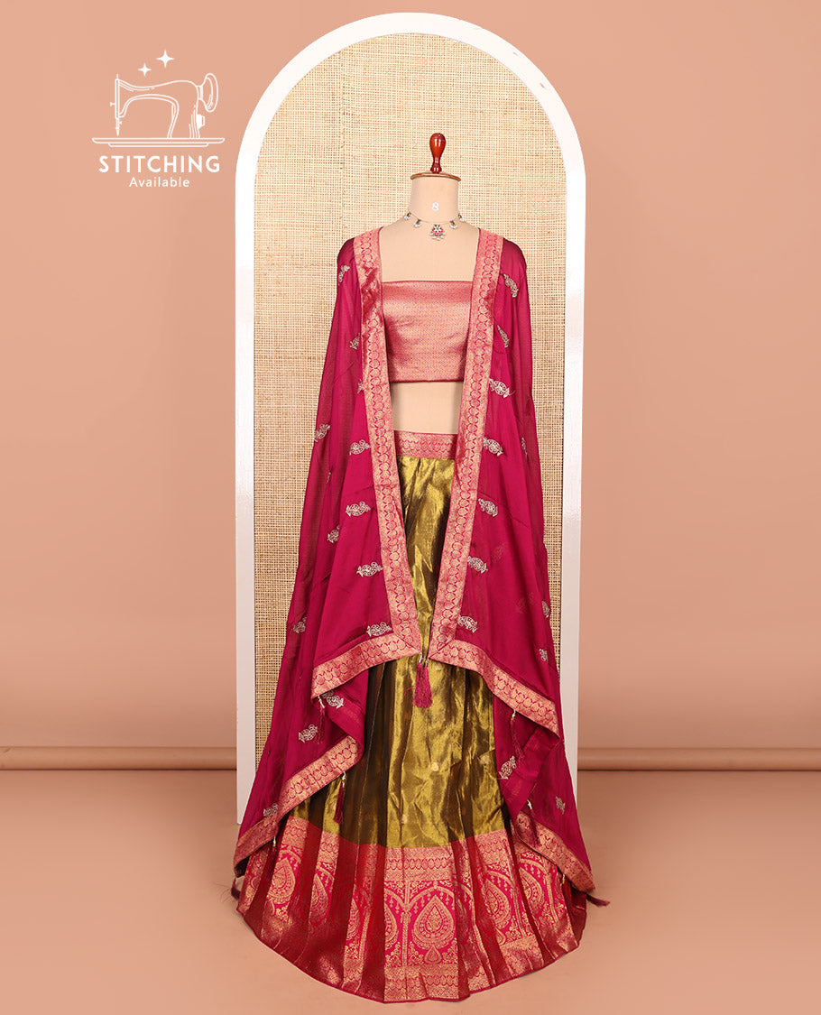 Gold-pink zari buttas half-saree with contrast Mughal-style unique motifs woven bordered skirt, brocade blouse, and a zari design dhavani