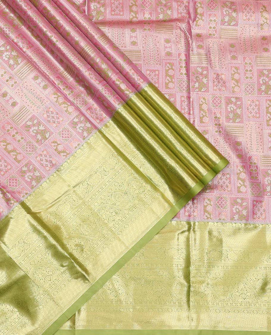 Pink Art Silk Material Half Saree Set, Elegantly Highlighted with Jacquard Design Skirt, a Contrast Traditional Zari Design Border, Contrast Zari-Jacquard Blouse, and a Dhavani of Paisley Designs