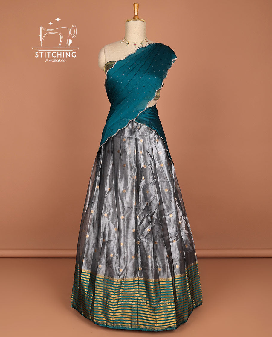 Dark grey buttas half saree with contrast striped zari design border, zari design blouse & embroidery scallop border design dhavani