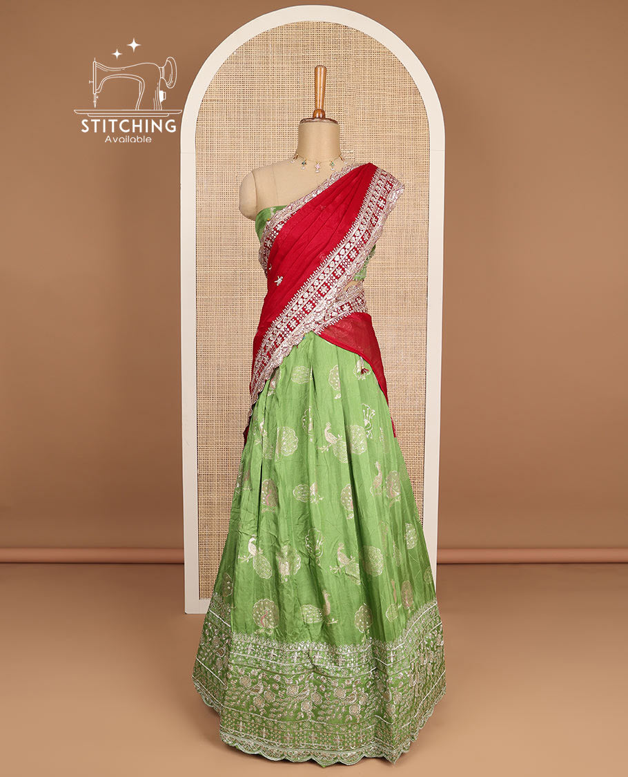 Green floral embroidery half saree with zari design blouse & floral embroidery dhavani