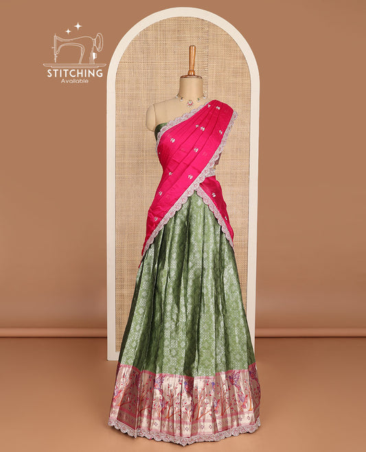 Green geometric design hald saree with contrast floral, bird design border, zari design blouse & floral embroidery scallop border dhavani
